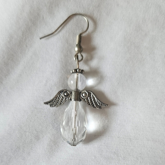 Handmade Silver Angel Wing Dangle Earrings - Picture 3 of 3